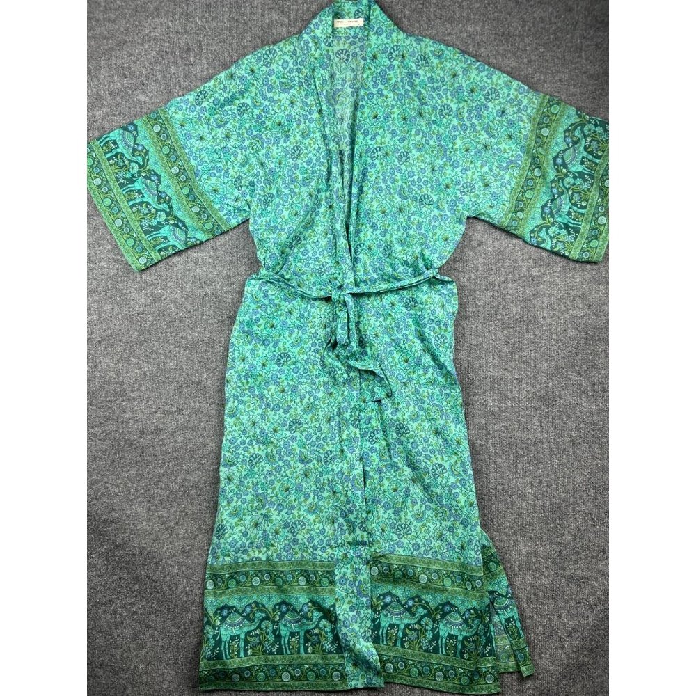 Spell & The Gypsy Long Kimono Women's Small Green Blue Floral Belted 3/4 Sleeve